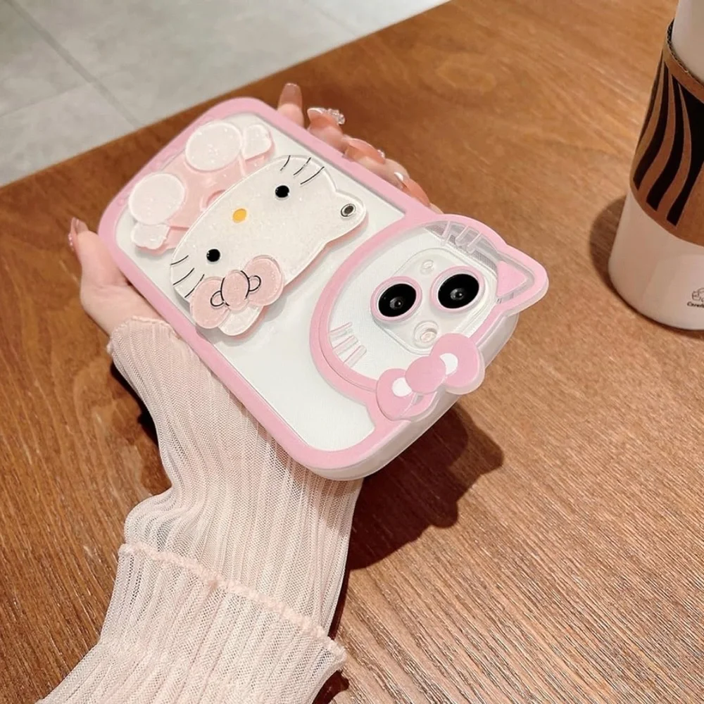 for iPhone 14 Pro Kawaii Cartoon Cute Pink Phone Case with Mirror
